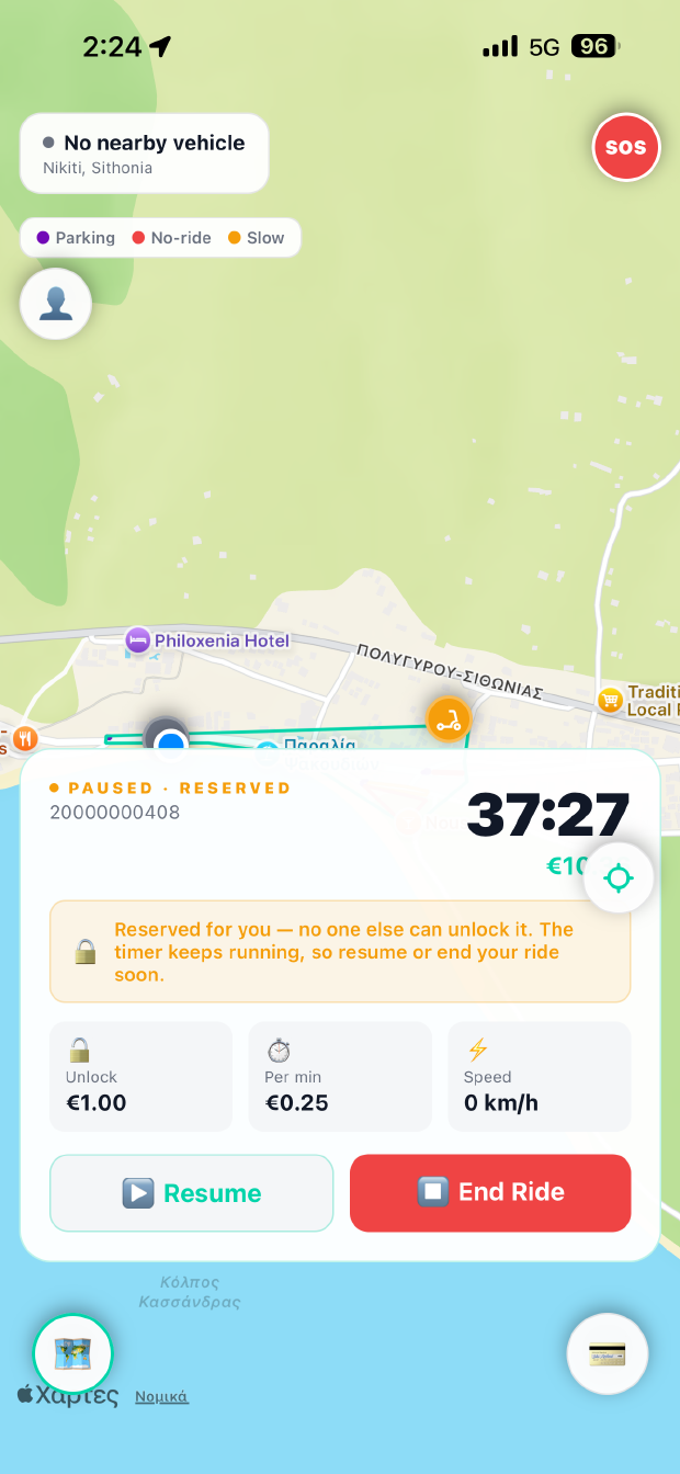 A ride in progress, showing the timer, the one euro unlock fee and the per-minute rate